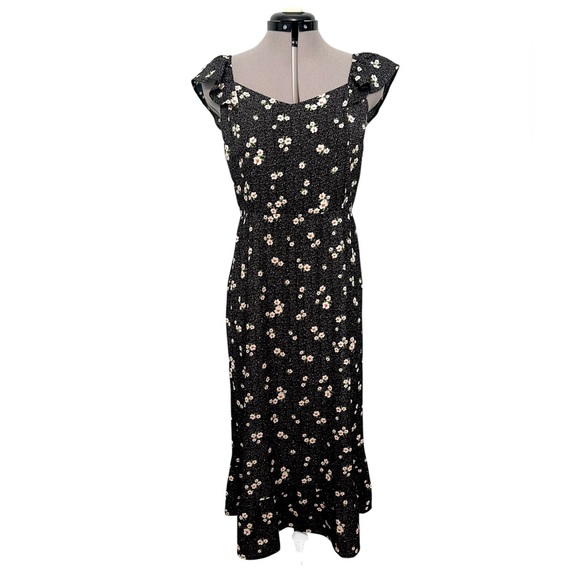Monteau Dresses & Skirts - Monteau Los Angeles NWT Black Floral Midi Dress Micro Polka Dots Open Back Bow